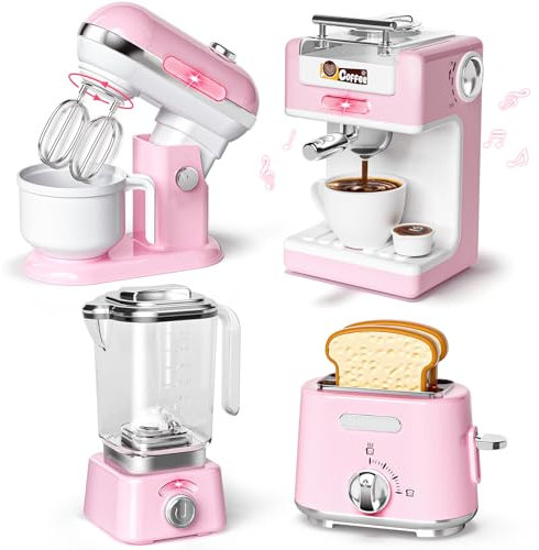 Toyssa Kinder Küchengeräte Set mit Kaffeemaschine Mixer Toaster Rührgerät, Zubehör Spielküche mit Licht und Sound, Kinderküche Zubehör Spielzeug Geburtstag Geschenk Mädchen Junge 3 4 5 6 7 8 Jahre