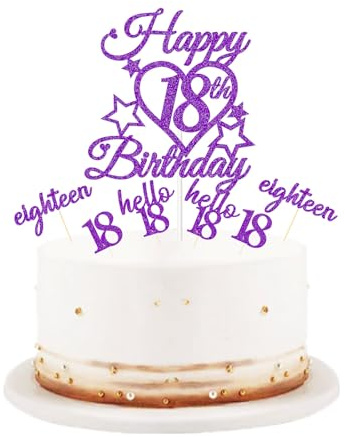 bng-bng 18th Birthday Cake Topper,Purple Glittery Happy 18th Birthday Cake Cupcake Toppers For Girls 18 Eighteen Years Old Birthday Party Supplies Decorations