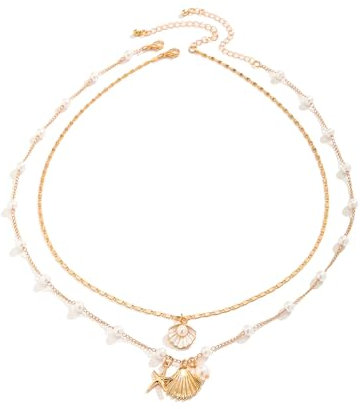 Goiern 2Pcs Muschel Halskette, Bohemian Puka Layered Seestern Muschel Choker Halsketten Surferkette Für Frauen Sommer Strand Urlaub Strand Surfer Schmuck