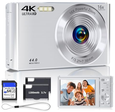 SMARTKLIK Fotocamera digitale 2025 4K 44MP per adolescenti, punta e scatta argento con zoom 16X, scheda SD da 64 GB, fotocamera compatta per ragazzi, ragazze, adolescenti e bambini regalo