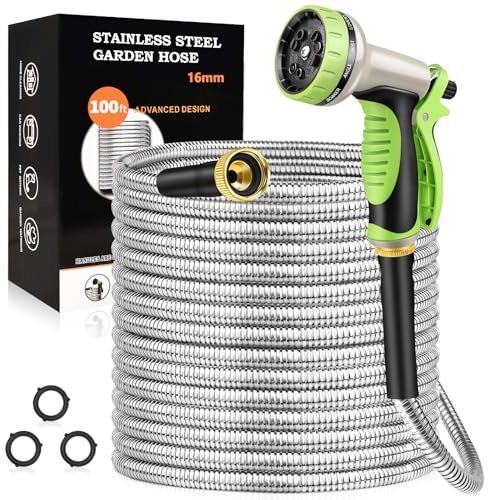 GOXAWEE Garden Hose, Stainless Steel Heavy Duty Water Hose with 10 Function Nozzle, No-Kink, Tough & Flexible, Sturdy and Lightweight, Rust Proof for Yard, Outdoor, RV (100FT)