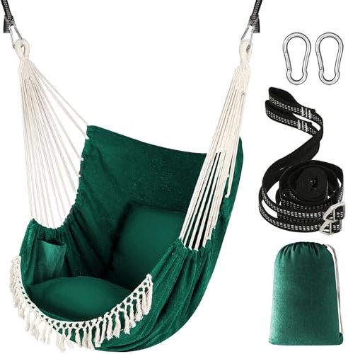 Chihee Hängstol hängande gunga 2 sitskuddar ingår, starka remmar och krokar för enkel upphängning mjuk bomullsväv hängande stol sidoficka stor tofs stol set komfort inomhus utomhus
