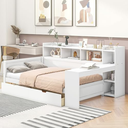 Kayan Daybett Tagesbett Schlafsofa 90 x 200 cm, Plattformbett mit Staufach und USB, Kinderbett Sofabett Einzelbett mit 2 Schubladen, Lattenrost aus Holz, Ohne Matratze (Weiß)
