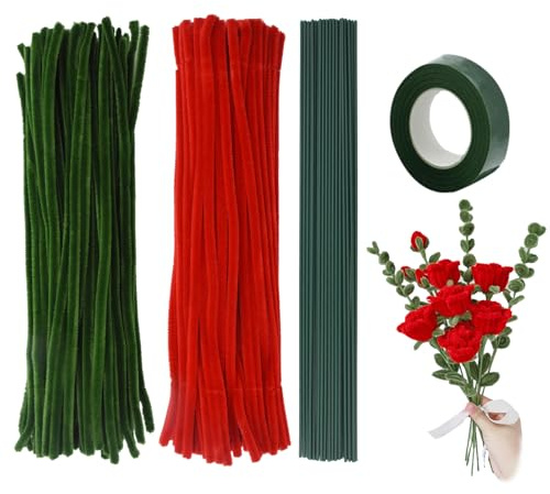 Coriver Pfeifenputzer Zum Basteln, 200 Stück, 2 Farben, 7mm Rose Rohrreiniger, Grüne Chenille-Stiele, Pfeifenreiniger Blumen, Blumensträuße, Basteln, Pipe Cleaner Flower für Anfänger DIY Dekorationen