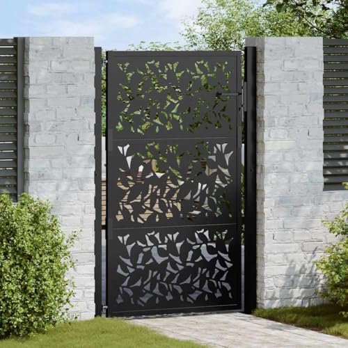 Homgoday Gartentor Schwarz 105x155 cm Stahl Blatt-Design Gartentür Zauntor Hoftor Gartenflügeltor Zauntür Einzeltor Einfahrtstor Hoftor Hoftür Tür für Garten Tor Gartenpforte
