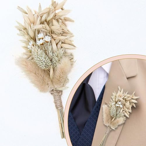 Boutonnière Mariage Homme Pastel Fleurs séchées et préservées Vert Sauge Beige et Blanc - Petit Bouquet sur Support magnétique aimanté - Corsage marié témoins Broche Demoiselle d'honneur (Pastel)