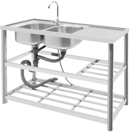 Ealtqund Freistehende Edelstahl Spültisch, Küchenspüle Spülenschrank mit Spüle und 360° Armatur 201 Edelstahl Spülbecken mit 100kg für Tragkraft Küche, Wäsche, Garage, 120 * 45 * 80cm