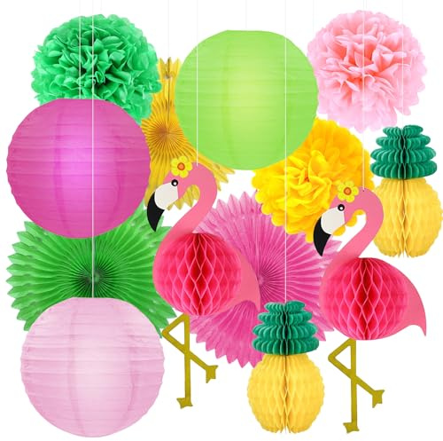 Décoration Fête Thème Flamant, Flamant été DéCoration FêTe Jardin, 3 éventails Papier, 3 Pompons Décor, 2 Nids Abeille Flamant Rose, 3 Lanternes, 2 Nids Abeille Ananas, Pour Décor Piscine Plage été