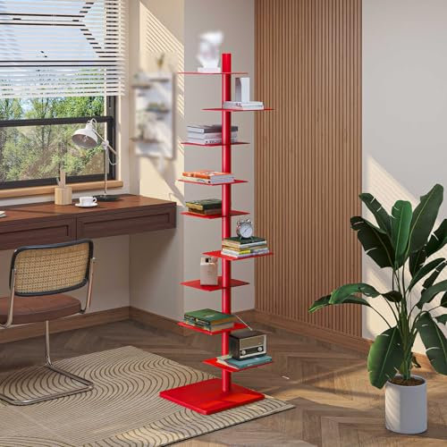 Zdlopteron Drehbares bücherregal 9 Ebenen,Bücherturm mit 360°-Metall, unsichtbares Eckbücherregal,Moderne Bücherregale for kleine Räume,Wohnzimmer,Schlafzimmer,Büro(Red)