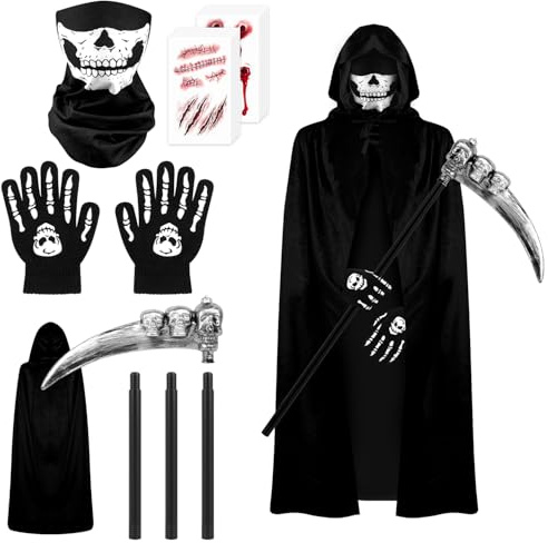DERAYEE Costume Enfant Halloween Faucheuse,Deguisement Halloween Faucheuse,Veste de Cape Faucheur 90CM,Masque Tête de Crâne,Une Faucille,Des Gants de Crâne,Kit Tatouage de Plaie