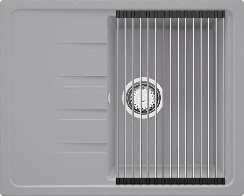 PRIMAGRAN Evier Cuisine en Granit Gris 62x50cm, Lavabo 1 bac + Kit de Vidage + Égouttoir Enroulable, Évier à Encastrer al mueble 40cm - Milan S071