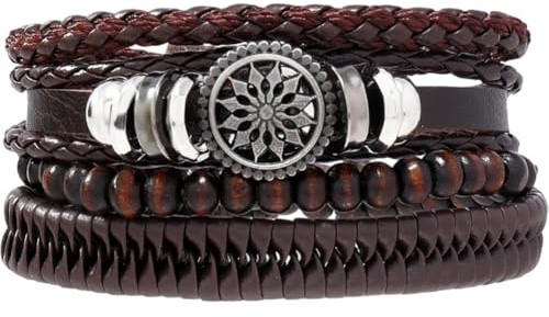 GORGECRAFT Pulsera Trenzada de Cuero Sintético Hecha A Mano Redonda Plana Multicapa con Cuentas de Madera Ajustable Estilo Tribal Étnico Vintage Regalo para Hombres Y Mujeres (Marrón)
