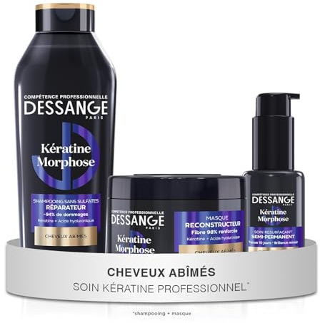 DESSANGE - Routine Cheveux Réparatrice & Resurfaçante Kératine Morphose - Shampoing 280ml + Masque 280ml + Soin Sans Rinçage 50ml - Répare & Scelle La Fibre Capillaire - Cheveux Secs & Abîmés