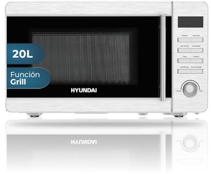 Hyundai Microondas 20 Litros con Grill Inox HME207DGI00. 700W, Grill 800W, 8 Programas, Modo Descongelación, Revestimiento Interior, Fácil Limpieza, Temporizador 60min.