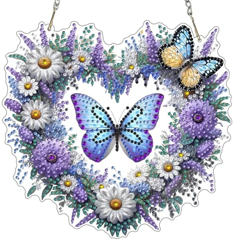 MXJSUA Schmetterlinge Blumen Kranz Diamond Painting Anhänger mit Kette Erwachsene, Diamant Painting Fensterbilder Hängende Ornament Bastelset Set für Wand Und Eingang Decor 20x20CM