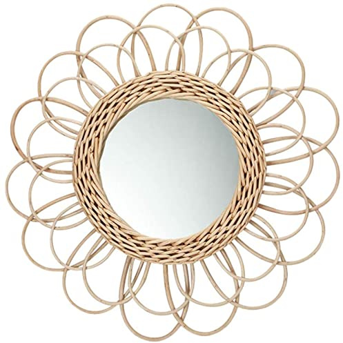 Hängender Spiegel – runder Wandspiegel mit Sonnenblume aus Rattan, Dekoration für Badezimmer, Boho, nordisches Korbgeflecht, Schminkspiegel für den Innenbereich, Heimbüro, Wohnzimmer, Flur (40 cm)