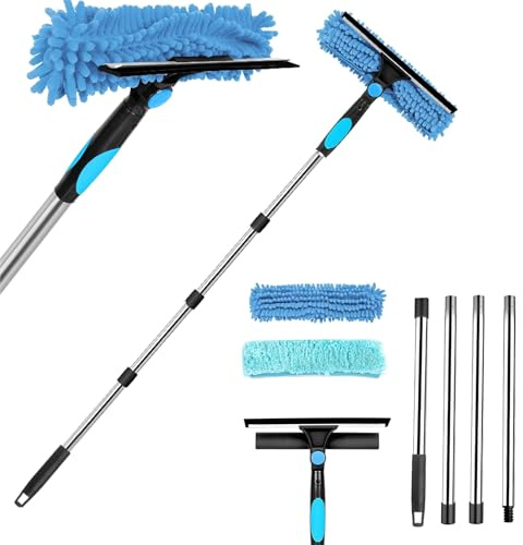 ‌270° Rotating Window Cleaner Kit – Extendable Telescopic Pole with Microfiber Scrubber, Adjustable 10-Inch Silicone Squeegee for Glass/Mirror/Shower Door(4-Section Pole + 2 Pads)‌(COLOR:Blue)