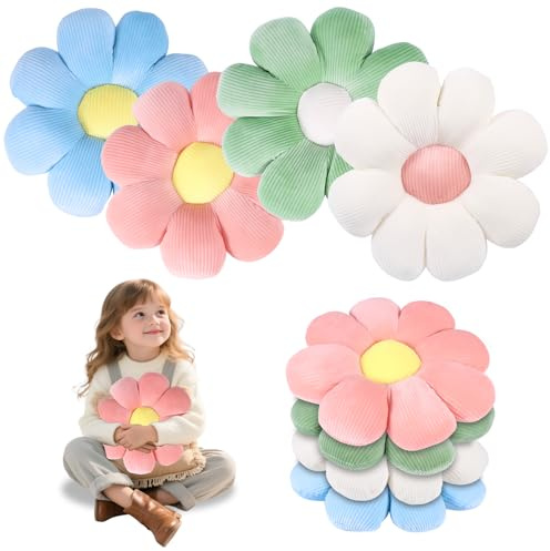 Flower Cushion 4 Pcs, Floor Cushions 38cm, Cute Soft Daisy Cushion Floor Cushions, Plush Throw Pillows for Floor Sofa Chair Kids Bed Room Decor (White+Pink+Blue+Green)