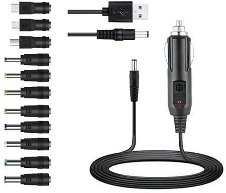 2 Modelle Universal DC 12 V 5 A Kfz-Ladekabel mit 11 Steckern 5,5 x 2,1 mm, Auto-Zigarettenanzünder-Stecker-Adapter mit 5 V Gleichstromkabel für DVD-Player, GPS, Bluetooth-Lautsprecher