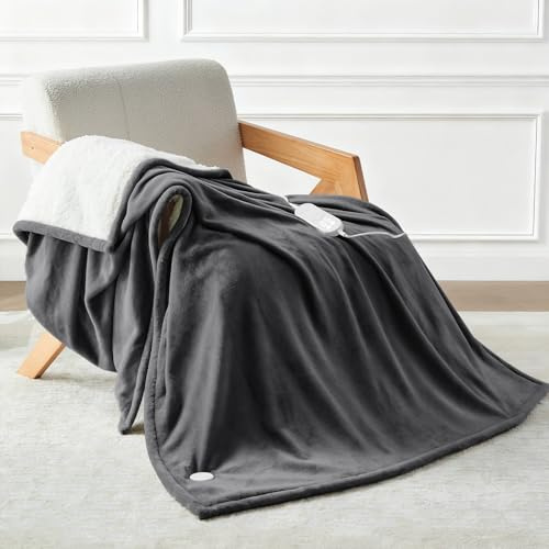 CELESTA Wärmedecke Heizdecke mit Abschaltautomatik, Heizdecke 160x120, 9 Heizstufen 1-9H Timer Auto-Aus, Wärme Decke Flanell-Sherpa, Maschinenwaschbar - für Sofa, Bett und Büro, Dunkelgrau