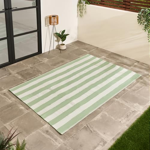 OHS Garden Rug Stripe, Reversible Outdoor Rug Foldable Weather Waterproof Outdoor Carpet Non Slip Easy Clean UV Decking Lawn Patio Balcony Large Rugs, Sage/Cream - 160 x 230cm