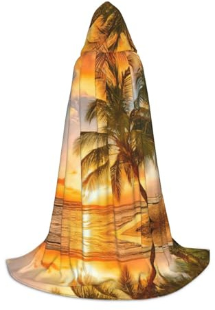 SDEGTHO Sunset Hawaiian Palm Tree Waves Hooded Cape Cloak For Teen Cosplay Costume Renaissance Fair Gothic Fantasy Medieval Robe Outfit