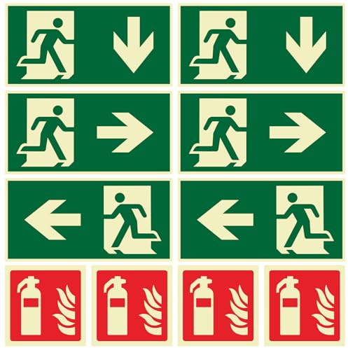 Juego de 10 señales de salida de emergencia y extintor, 4 extintores (10 x 10 cm) + 6 señales de salida de emergencia (30 x 15 cm), autoadhesivas, luminosas, PVC, para casa, oficina, hoteles, escuelas