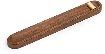 Wooden Incense Holder with Brass Insert, Stick Incense Burner Tray, Walnut Wood, Meditation and Home Décor