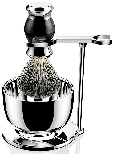 GRUTTI 3 in 1 Premium Rasierpinsel-Set, Sicherheits-Rasierhalter, Pinselhalter, Rasierpinsel aus Dachshaarimitat, Rasierschale aus Edelstahl, Herren-Rasier-Geschenkset – Herren-Rasierhalter-Set