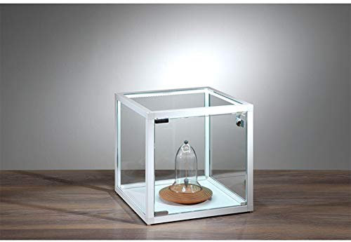 MHN Vitrinenwürfel T 32,8 x B 32,8 x H 32,8 cm - kleine Glasvitrine Würfel abschließbar - beleuchtete Aufsatzvitrine - quadratische Vitrine Glas - weißer Schaukasten LED-Beleuchtung
