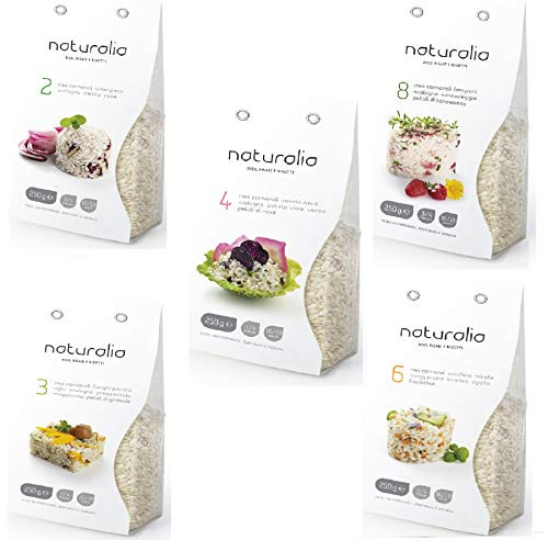 Cinq risottos prêts à cuire à base de riz Carnaroli italien. Cinq recettes originales à base de fleurs, légumes de jardin, petits fruits et herbes sauvages.