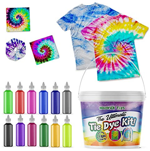 Ultimate Tie Dye Kit with 2 T-Shirts - Deluxe Set with 6 Colours, Two T-Shirts Clothes, Hair Tie and Accessories