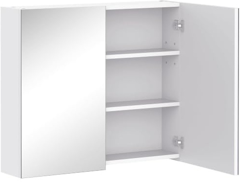 HOMCOM Bathroom Mirror Cabinet, 3-Tier Wall Mount Bathroom Storage Cabinet with Soft-Close Hinges and Adjustable Shelf, Double Door Cupboard, 70 x 15 x 60 cm, White