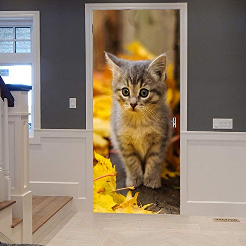 A.Monamour Türtapete Selbstklebend Türfolie Türposter 3D Kätzchen Katze In Den Gelben Gefallenen Blättern Des Herbstwaldes Vinyl Folie Türdeko Tapete Wandbild Türaufkleber Türtattoo 90x200cm