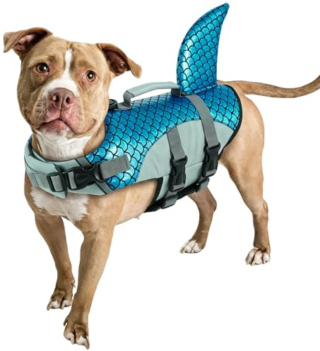Salvagente per Cani, Cappottino di Salvataggio Cani Giubbotto di Galleggiamento Costume da Bagno Cuccioli Ripstop Lifesaver Dog Vest Life Jacket Pinna di Squalo per Nuoto, Surf, Conottaggio(Blu, S)