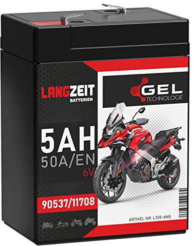LANGZEIT GEL Batterie 6V 5Ah 50A/EN 90537 11708 13840S Simson KR51 Schwalbe Star S51 Habicht Sperber doppelte Lebensdauer ersetzt 4,5Ah