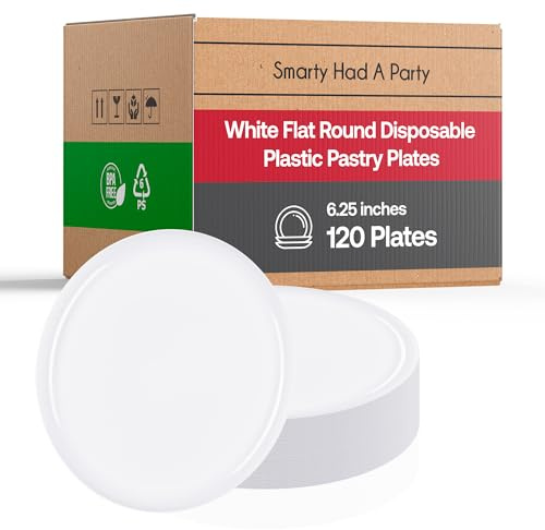 Smarty Had A Party Disposable Plastic Pastry Plate, White Flat Round Dinnerware Bulk Order for Wedding, Birthday & All Occasions, 120 pcs