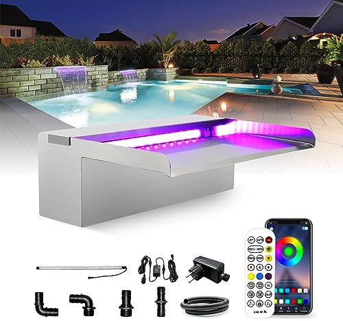 LONGRUN Edelstahl Wasserfall Überlauf, APP Kontrolle Multi-Farben LED-Licht Draussen Pool Brunnen, Koi Teich Wasserfälle Brunnen Kit für Garten Terrasse Pool Dekoration-30x20x10cm