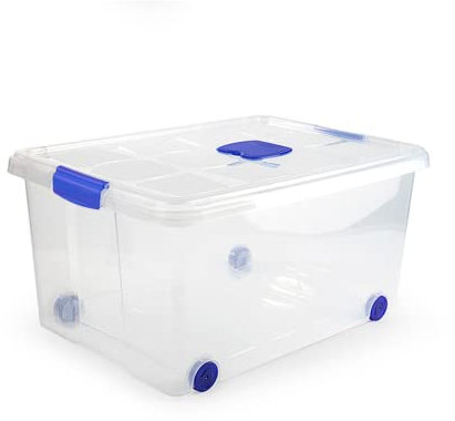 ForenTex Caja Almacenaje Plástico 57L con Tapa y Cierres (N5) – Transparente, Apilable, para Ropa de Invierno, Herramientas, Equipo Deportivo y Menaje del Hogar