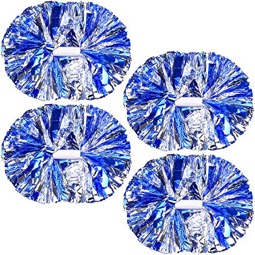 PUZINE Cheerleading-Pompons, Metallic-Cheer-Pompons mit Trainings-Taktstock-Griff für Team-Sport, Spirit, Squad, Cheerleader, Blau und Silber, 4 Stück