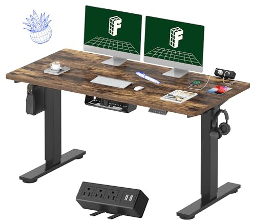 FLEXISPOT EN2 Whole-Piece Standing Desk with Clamp Power Strip, 55 x 28 Electric Stand Up Height Adjustable Desk with Cable Management (Black Frame + 55 Rustic Brown Desktop, 2 Packages)
