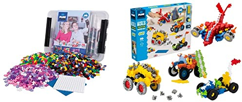 Plus-Plus 9603406 Kreativ-Bausteine Box, Geniales Konstruktionsspielzeug, 2400 Teile, Basic, Rosa & 9607016 Kreativ-Bausteine, Learn to Build Fahrzeuge-Set, Konstruktionsspielzeug, 800 Teile