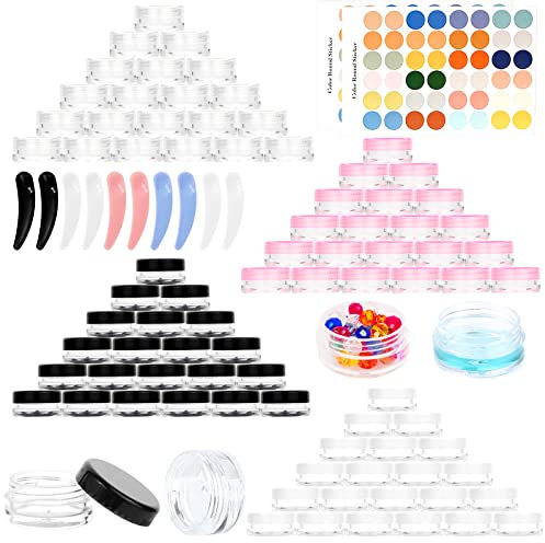 RUIJIE 100 Pezzi Vasetti Plastica 3g/3ml Contenitori Piccoli Barattolo Cosmetici Vuoto Viaggio Contenitore Cosmetico con 10 Mini Spatola & 96 Etichetta per Crema Balsamo Labbra Campione Trasparente