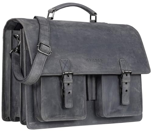 STILORD 'Anton' Echtleder Aktentasche XL - 15.6 Laptopfach - aufsteckbar - Verbesserte Version Farbe:Carbon - grau