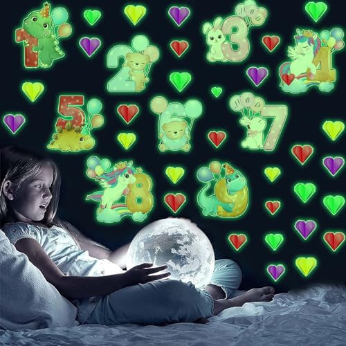 Wandtattoo Kinderzimmer Mädchen, Leuchtsticker Selbstklebend Ziffer/Einhorn/Dinosaurier/Häschen/Bär Deko Leuchtender Wandsticker, Ballon Wandaufkleber für Schlafzimmer Wanddeko Geschenke für Junge