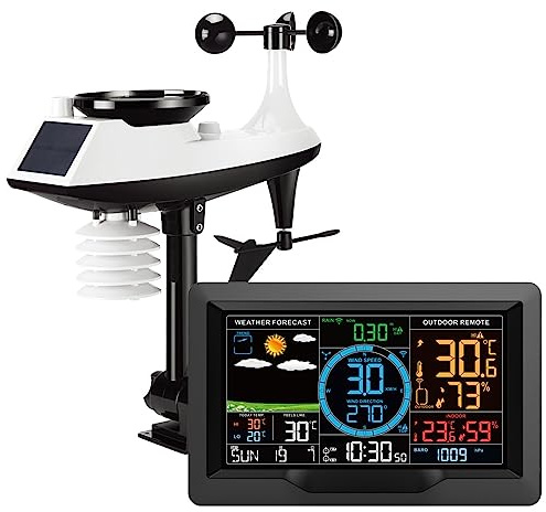 HUIOP FJ3390A Estación meteorológica profesional multifuncional Reloj de previsión meteorológica con detección de temperatura, humedad, velocidad del viento y precipitaciones