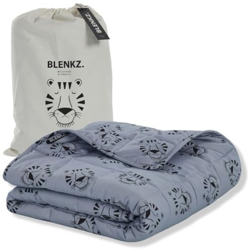 BLENKZ. Gewichtsdecke Kinder 3,5 kg – 100x150 cm | Entspannungsdecke mit Baumwoll-Oberfläche Oeko-TEX Zertifiziert – Design Tigergesicht Blau (Tigergesicht Blau, 3,5kg-100x150 cm)