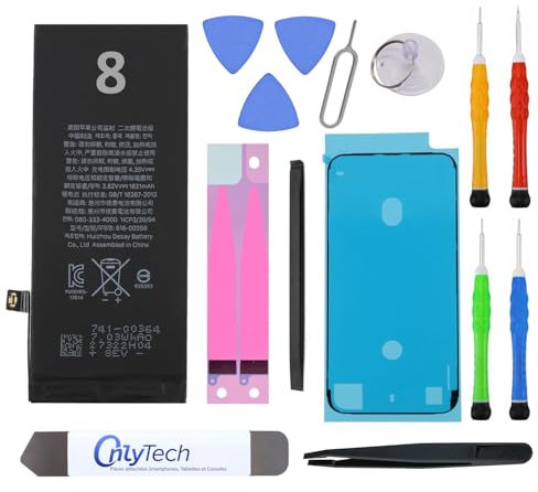 OnlyTech Batteria di ricambio premium per iPhone 8-1821mAh, identico all'originale, kit 12 strumenti professionali e adesivo schermo inclusi