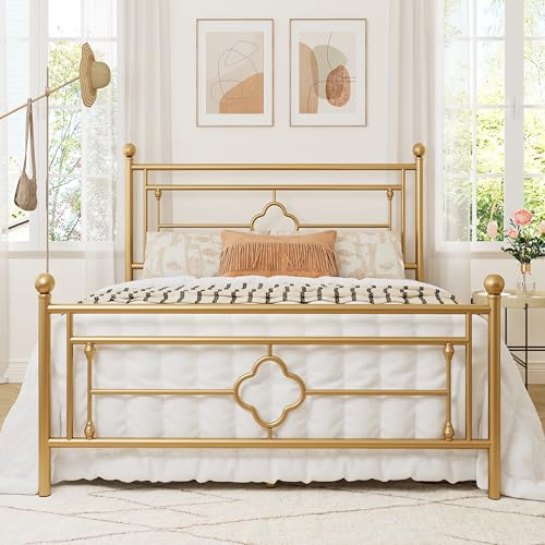 Allewie Full Size Metal Platform Bed Frame, Victorian Headboard, Gold