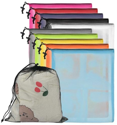 FINZOO Mesh Storage Bags, Nylon Mesh Laundry Bags with Drawstring, Colorful for Sport, Swimming, Beach, Travel, Gym, Camping, 39.5 x 34cm